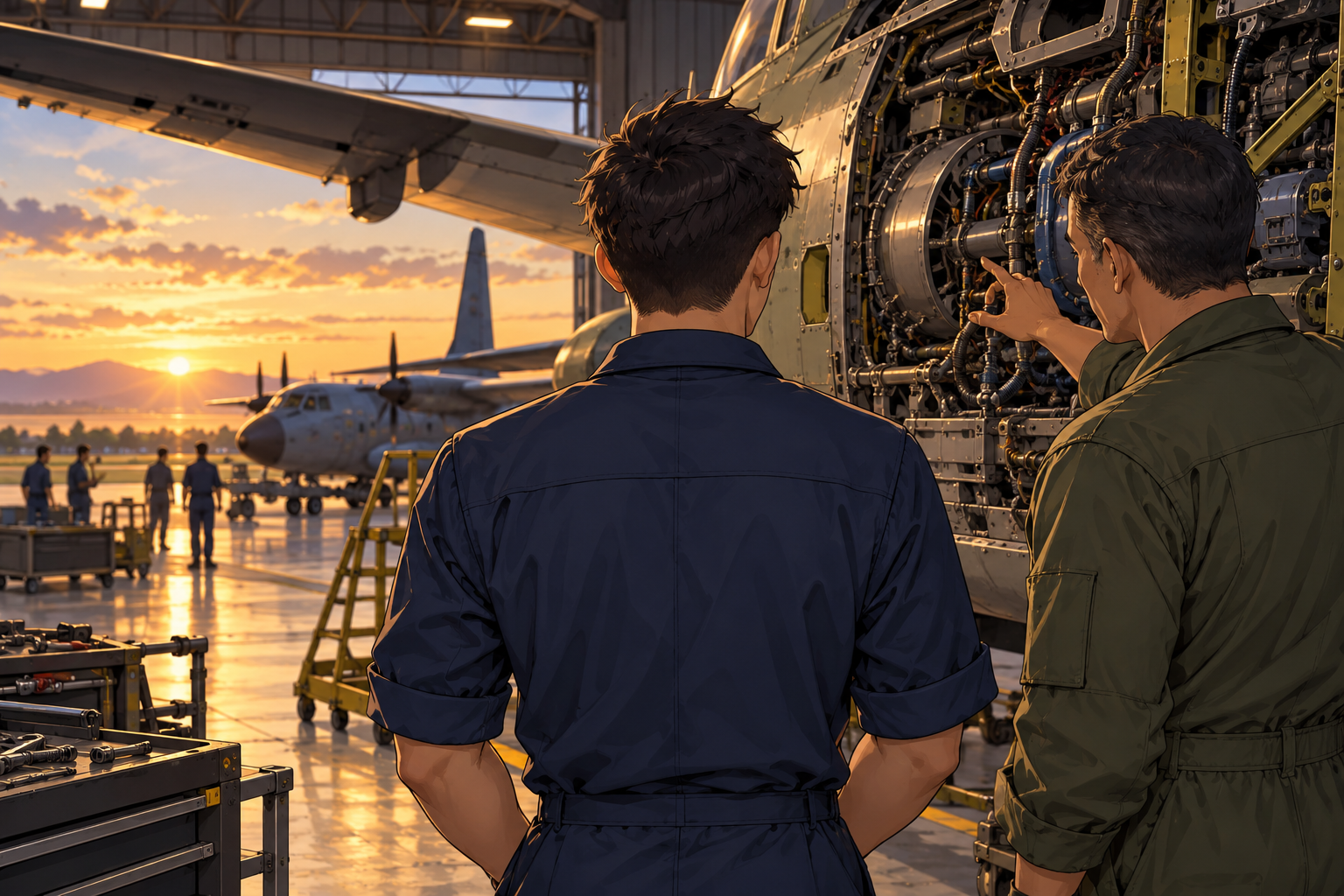 Um jovem conhece uma área técnica da carreira militar em um hangar.