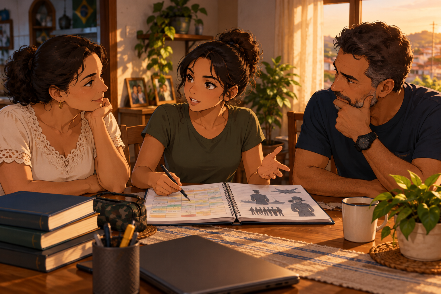 Uma estudante conversa com a família sobre seu plano de preparação.