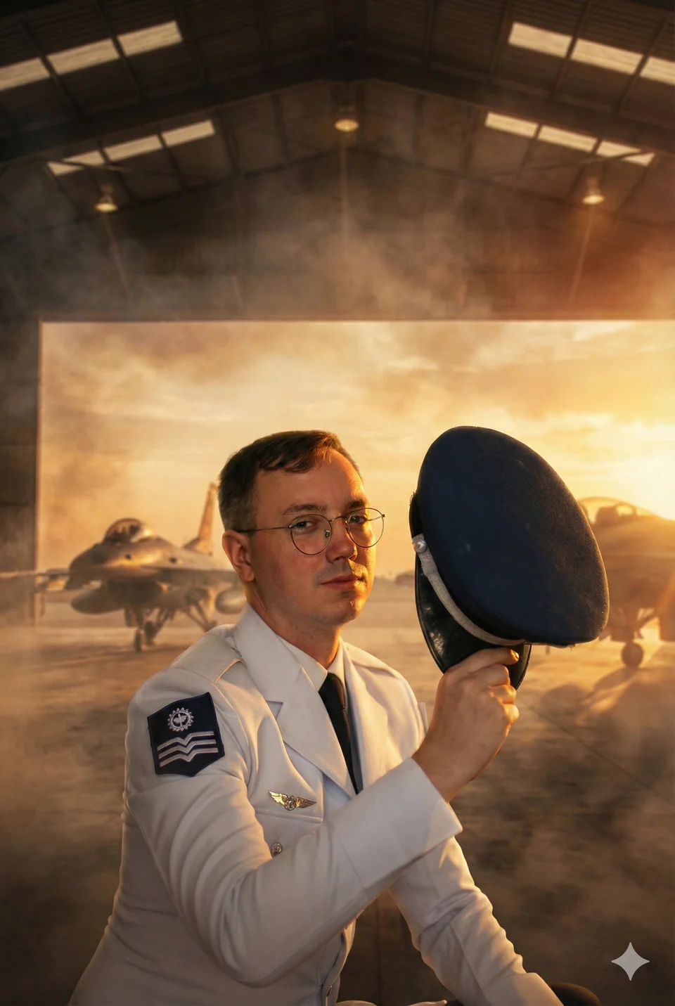 Vagner Almeida em composição ilustrativa, de uniforme branco em um hangar ao pôr do sol.